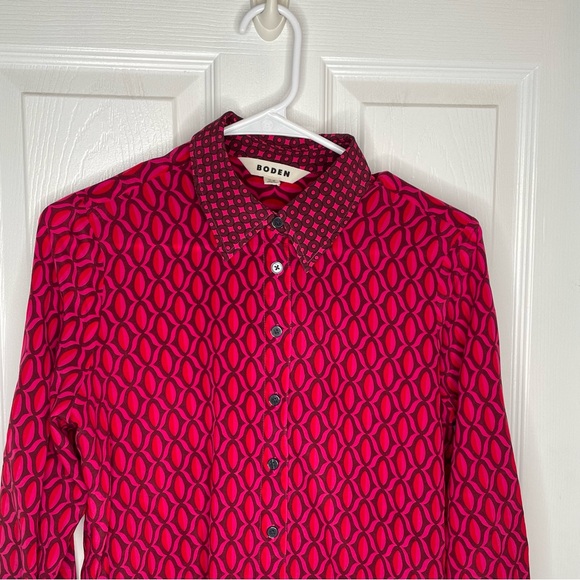 Boden 100% Silk Geometric Retro Blouse 60s/70s Groovy Career in Red/Pink 8P - Picture 3 of 11
